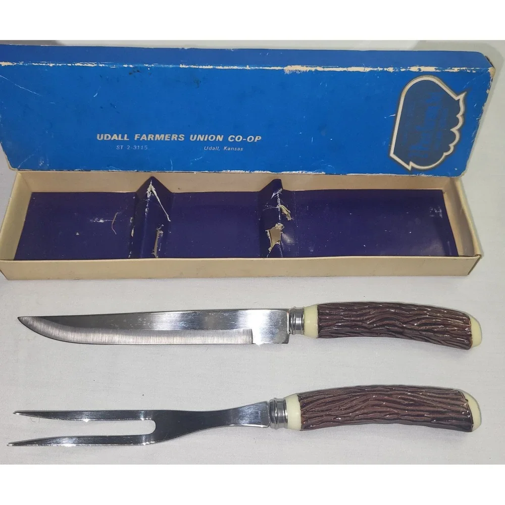 Vintage Faux Stag Stainless Japan 2pc Udall Farmers Union Co-op Carving Gift Set